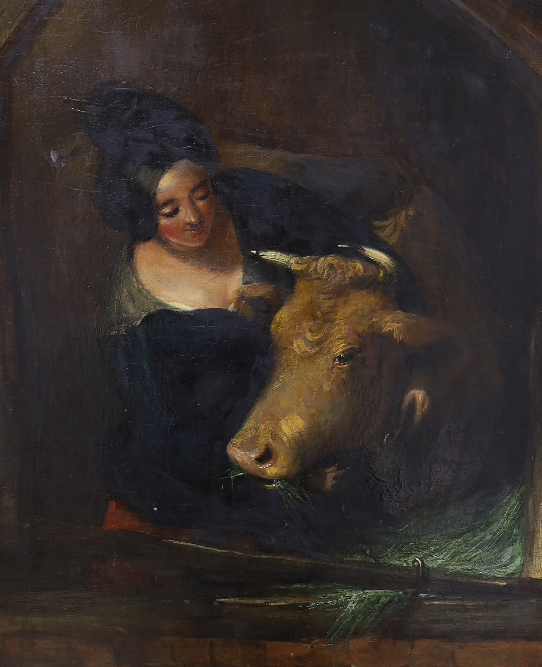 Victorian School, oil on board, Woman feeding a cow, 48 x 39cm